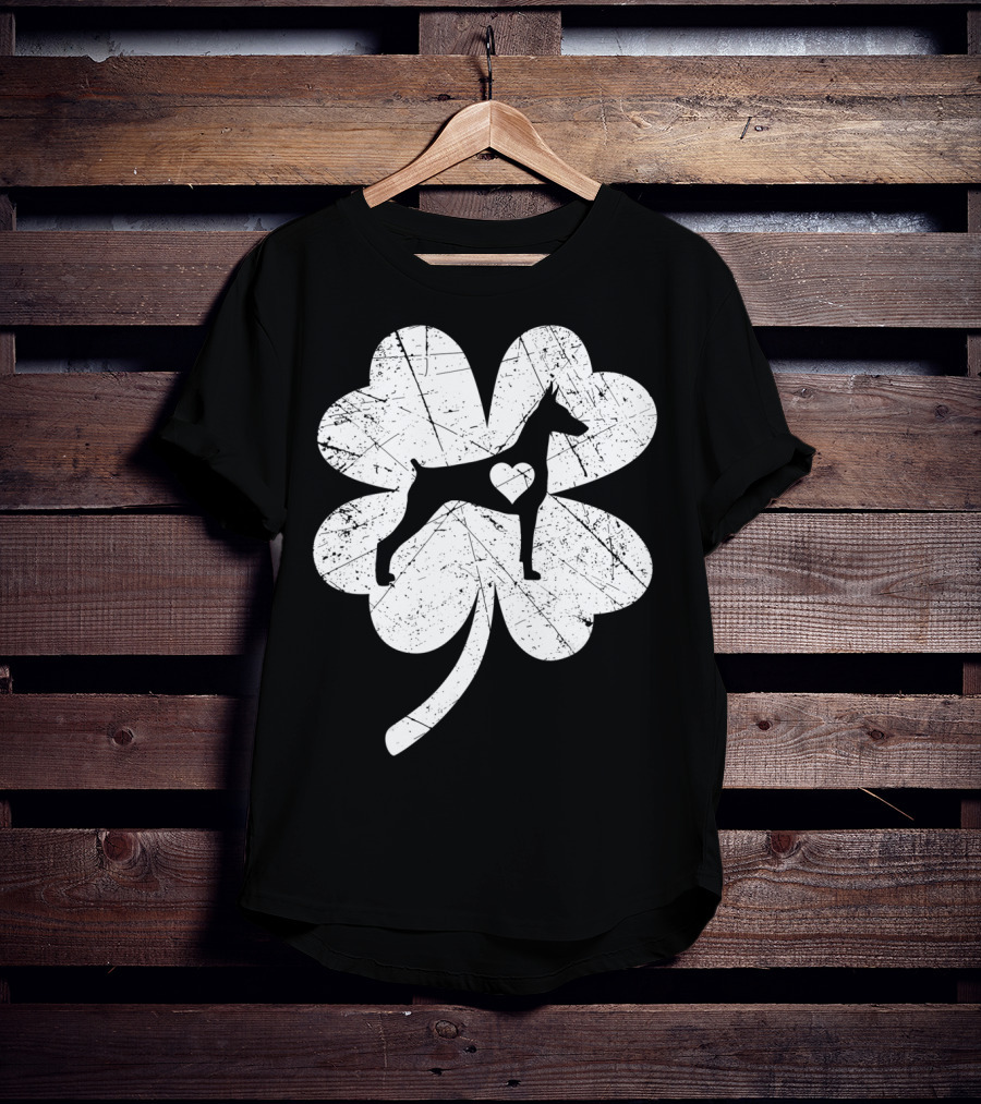 Doberman Silhouette Heart Shamrock Clover St Patricks Day Irish T-Shirt