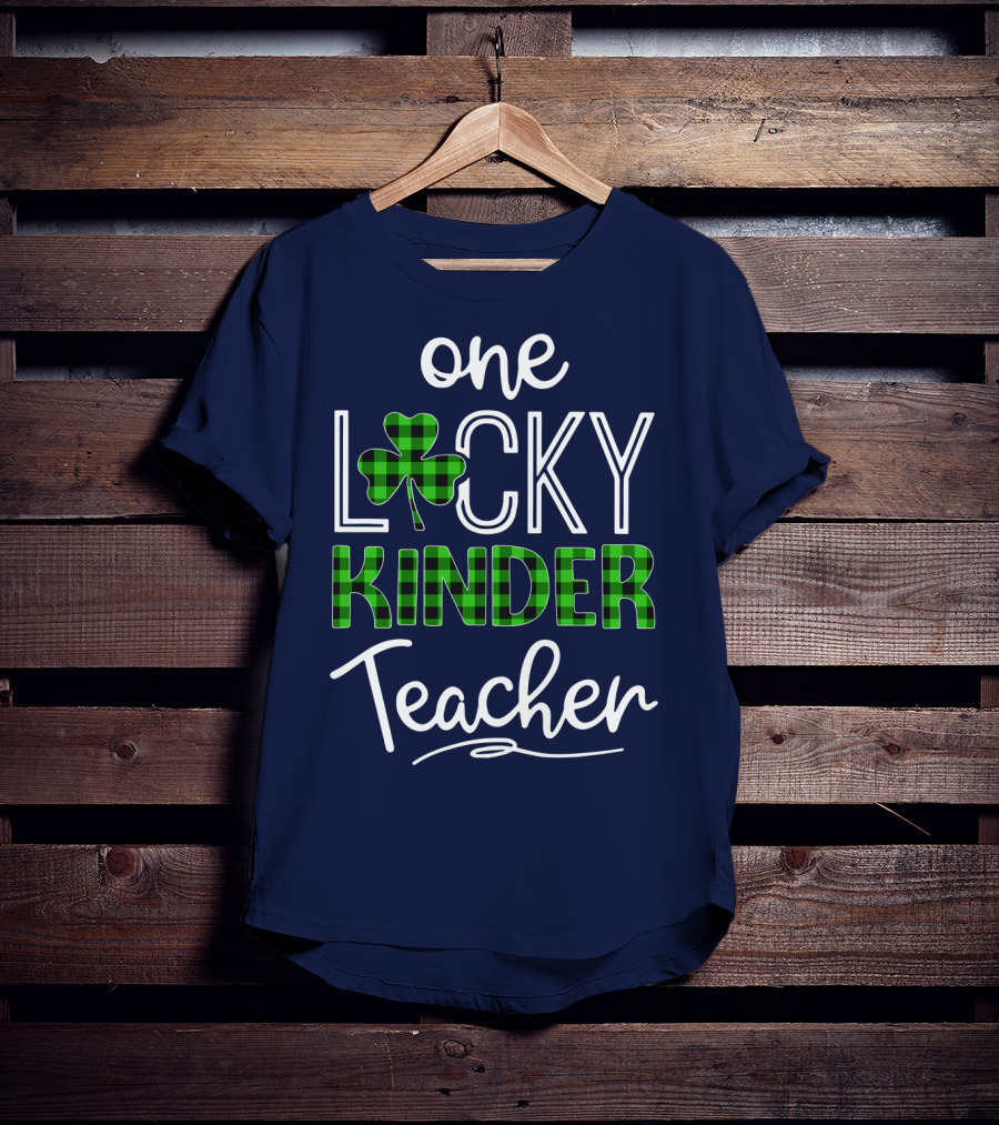 One Lucky Kinder Teacher Shamrock Plaid T-Shirt