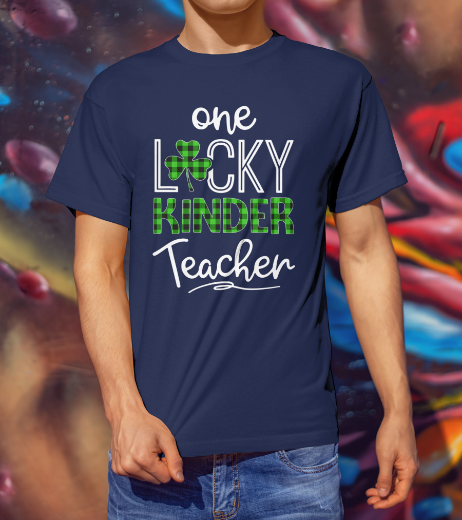 One Lucky Kinder Teacher Shamrock Plaid T-Shirt