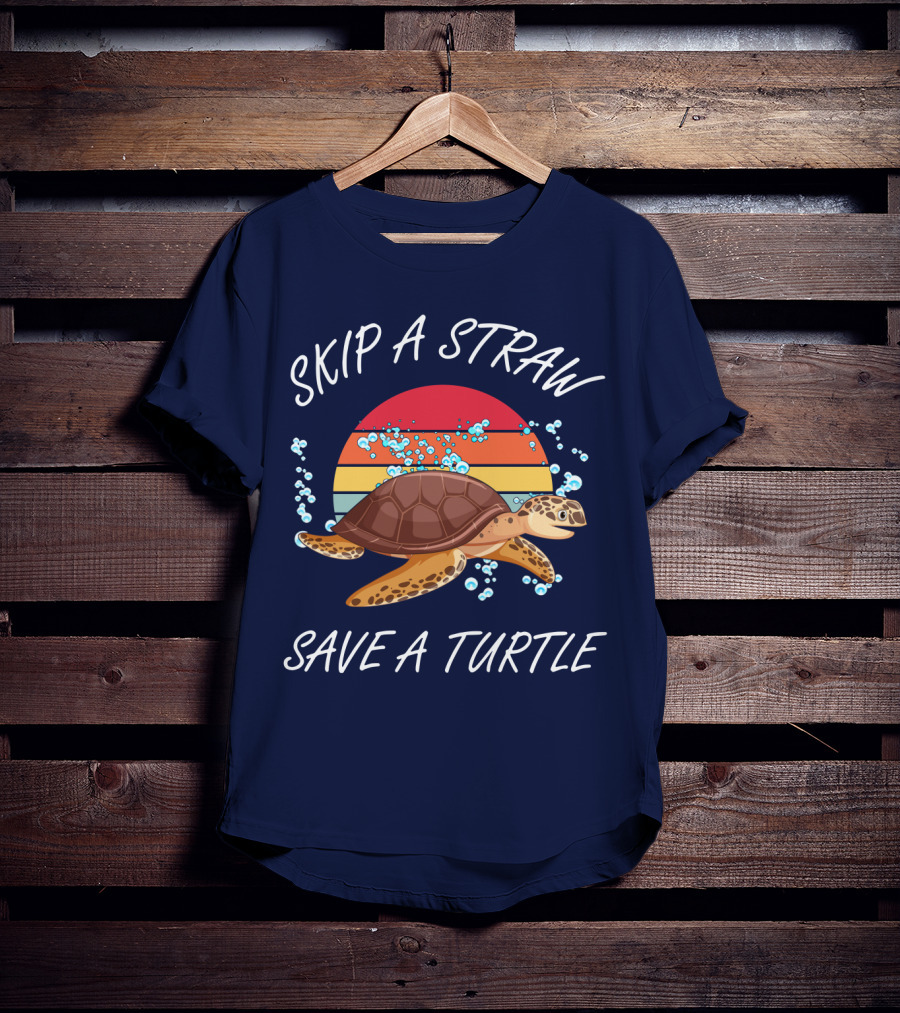 Skip A Straw Save A Turtle Retro Sunset Ocean T-Shirt
