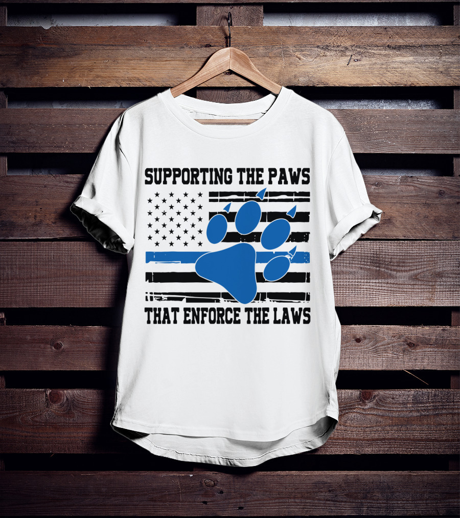Supporting The Paws That Enforce The Laws American Flag Blue Paw Prints T-Shirt