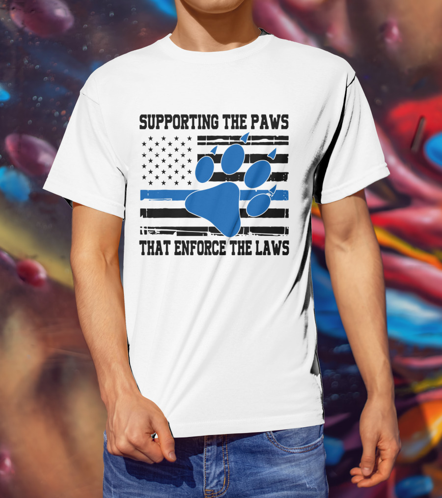 Supporting The Paws That Enforce The Laws American Flag Blue Paw Prints T-Shirt
