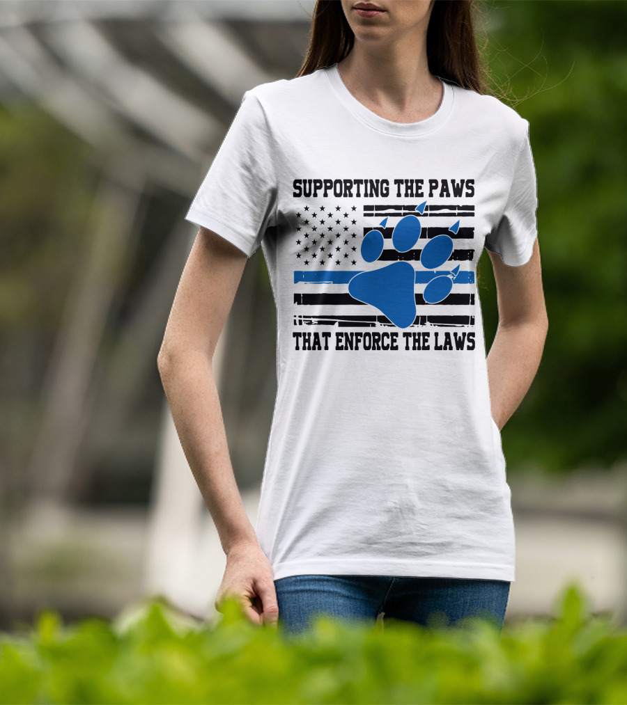 Supporting The Paws That Enforce The Laws American Flag Blue Paw Prints T-Shirt