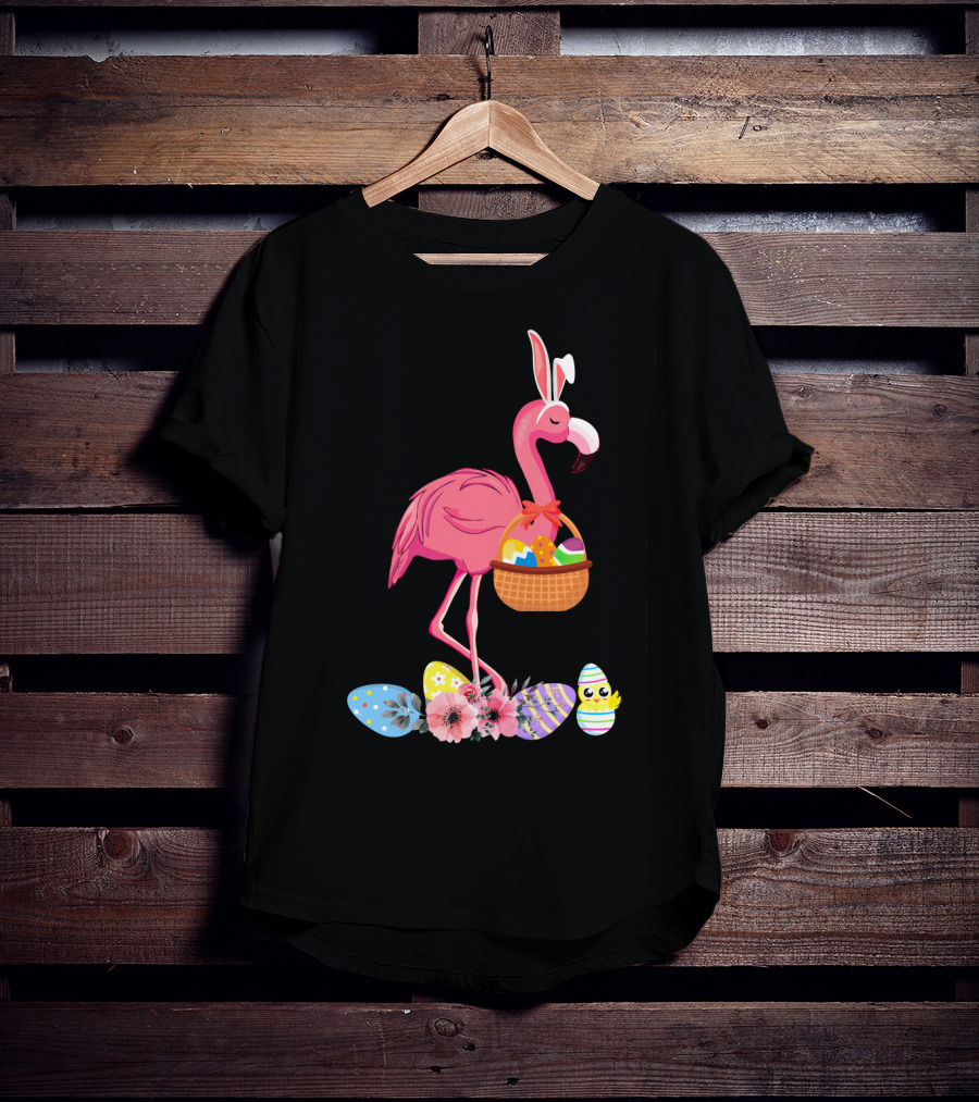 Flamingo With Easter Basket And Colorful Eggs T-Shirt