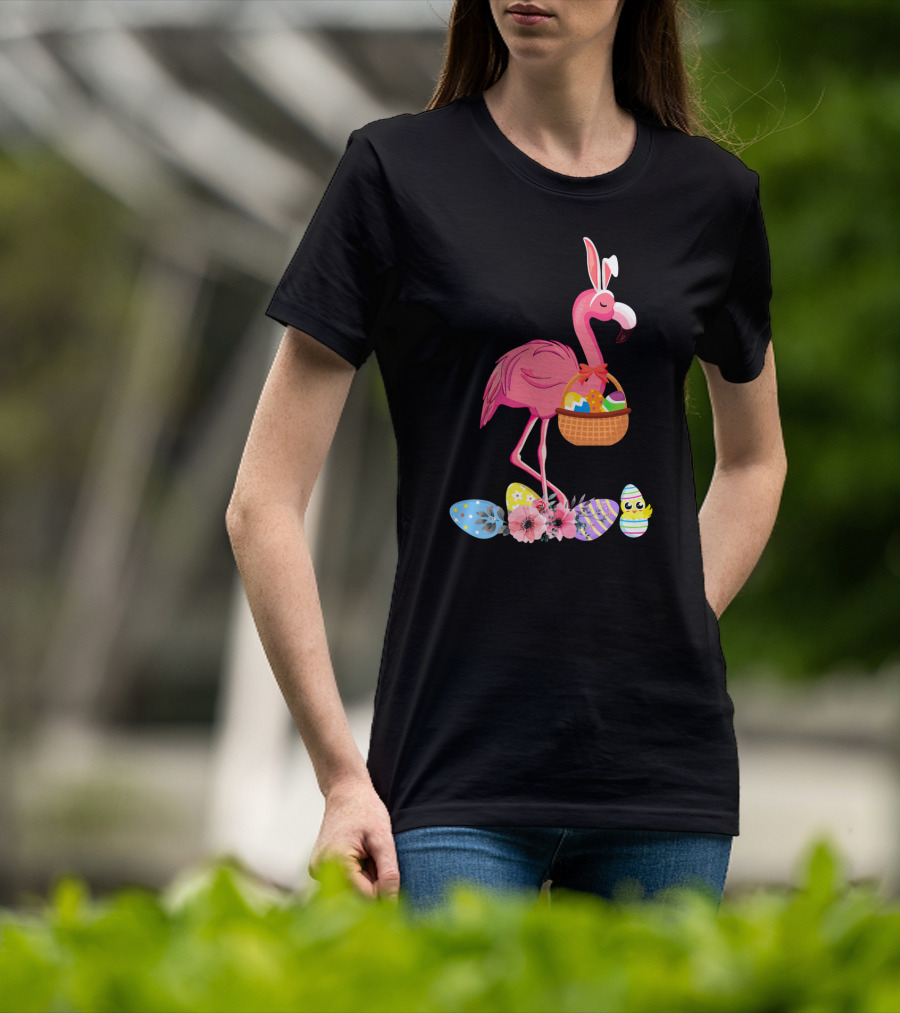 Flamingo With Easter Basket And Colorful Eggs T-Shirt