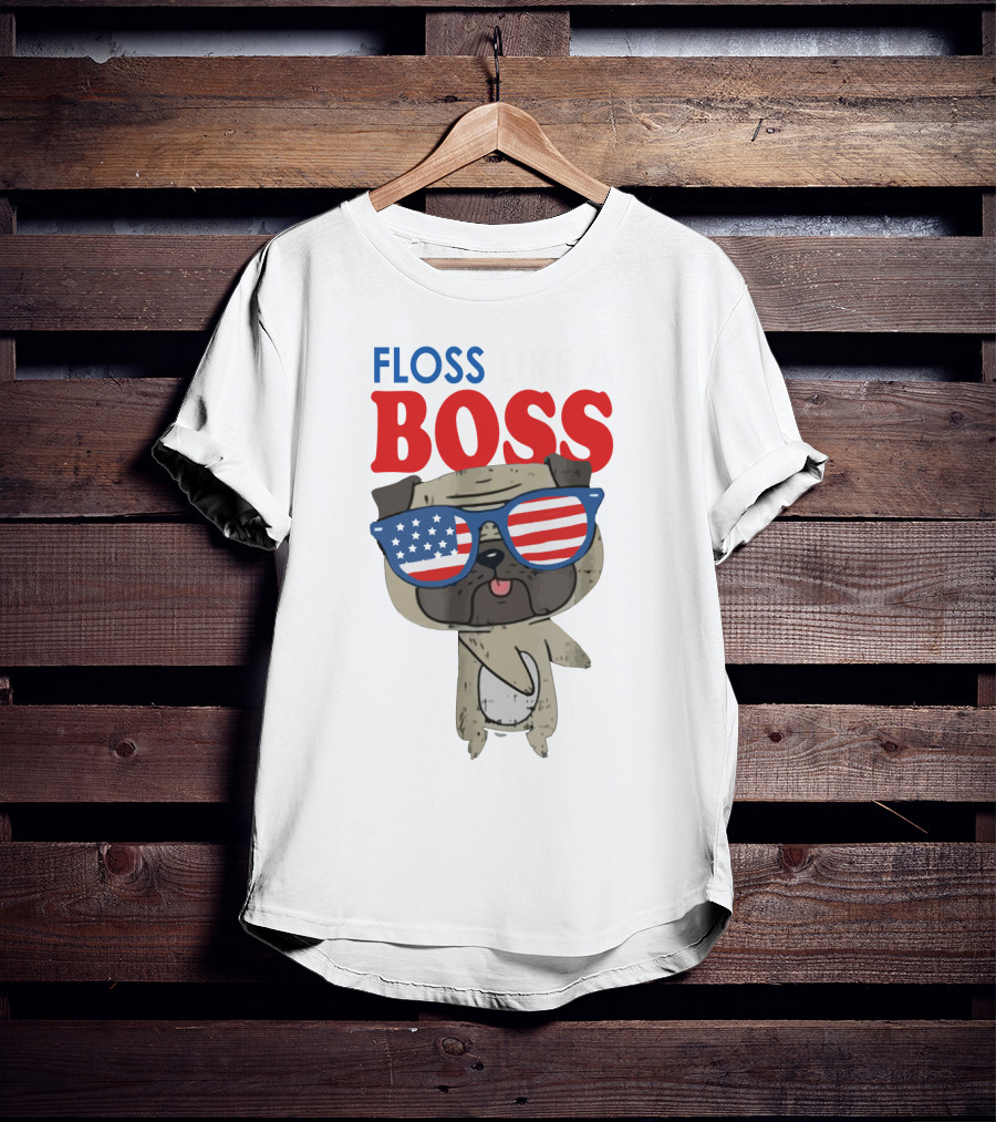 Floss Like A Boss Bulldog With American Flag Sunglasses T-Shirt