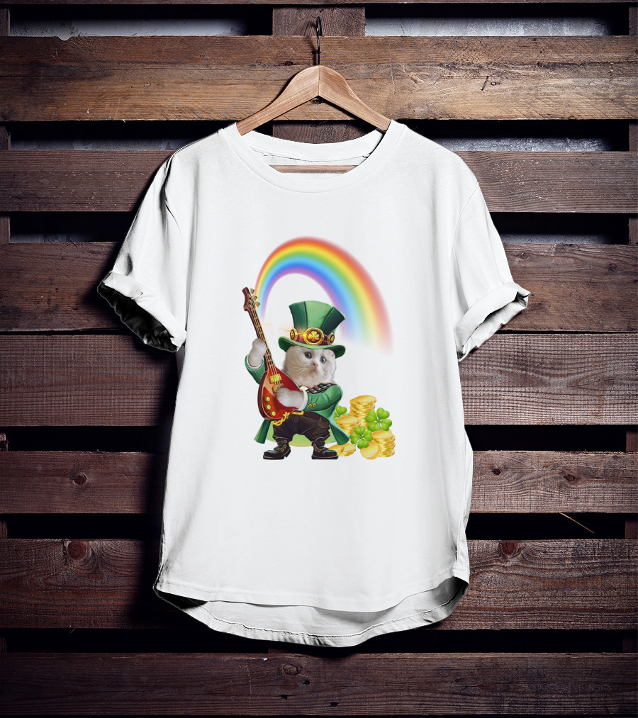 Cat Playing Guitar In Leprechaun Outfit With Rainbow And Gold Coins T-Shirt