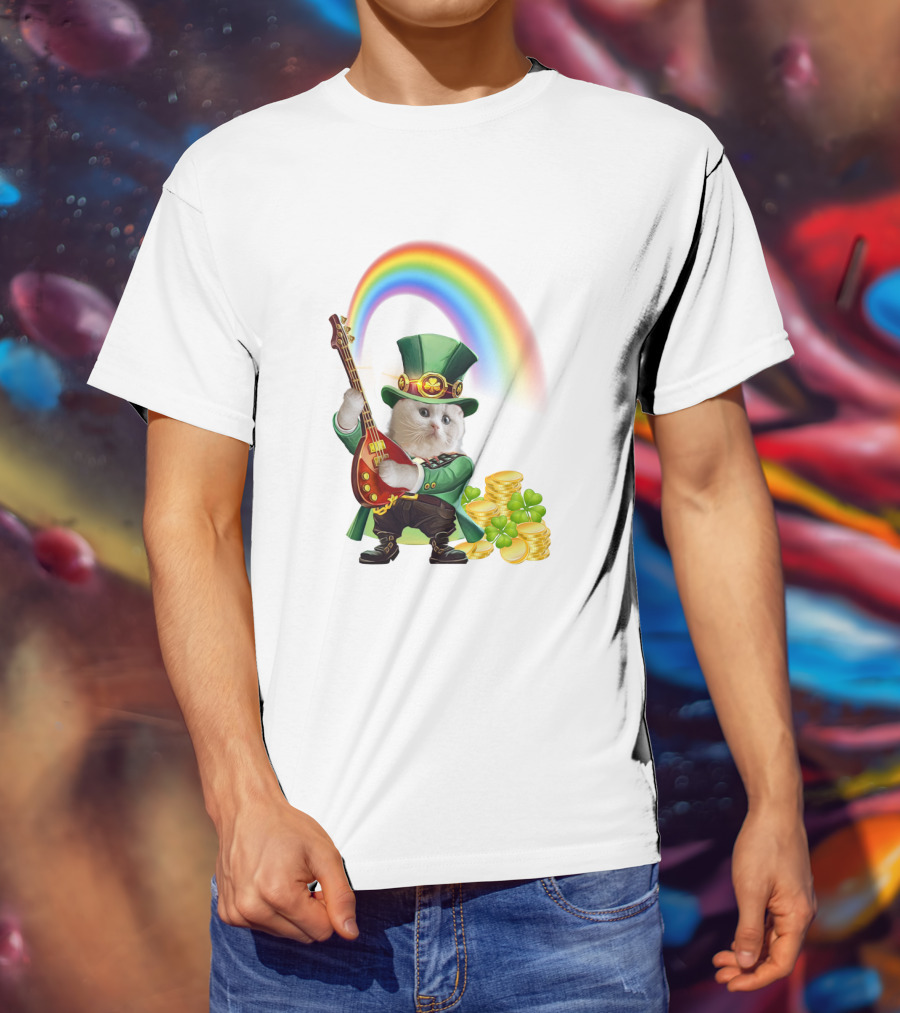 Cat Playing Guitar In Leprechaun Outfit With Rainbow And Gold Coins T-Shirt