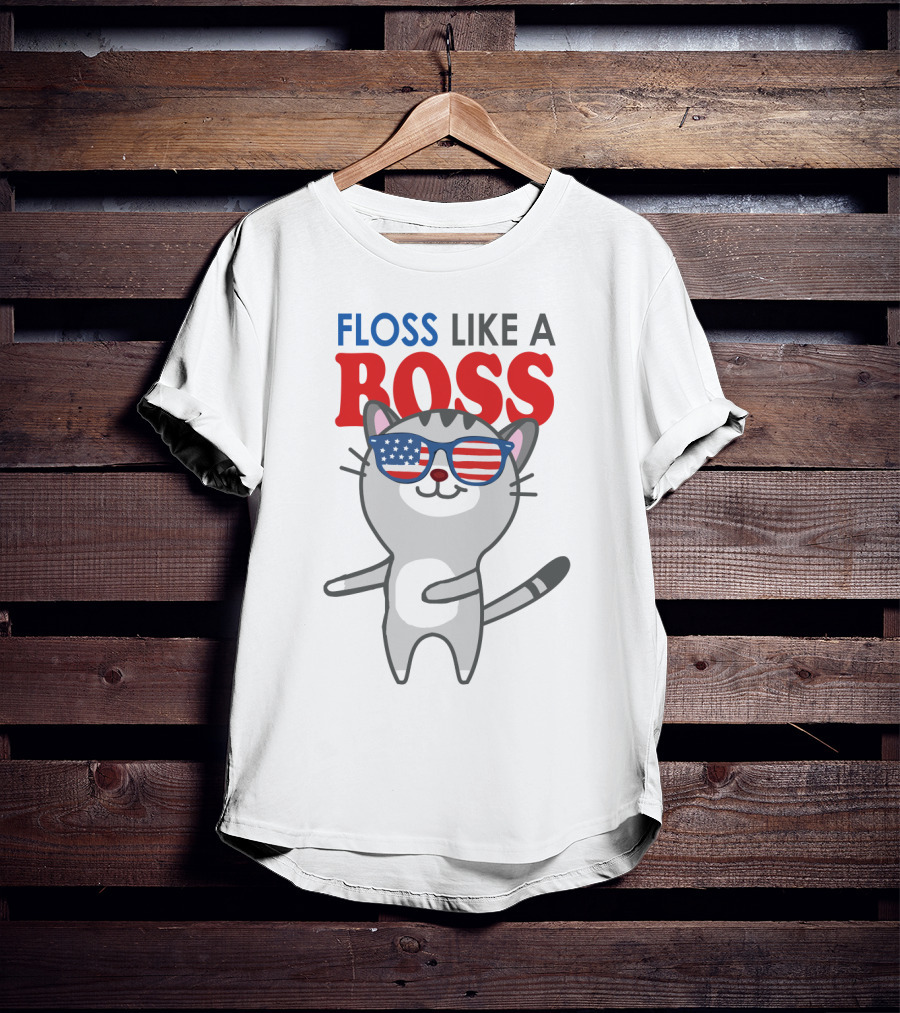 Floss Like A Boss Cat With American Flag Sunglasses T-Shirt