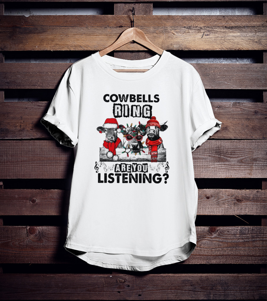 Cowbells Ring Are You Listening Christmas Cows In Festive Hats And Lights T-Shirt