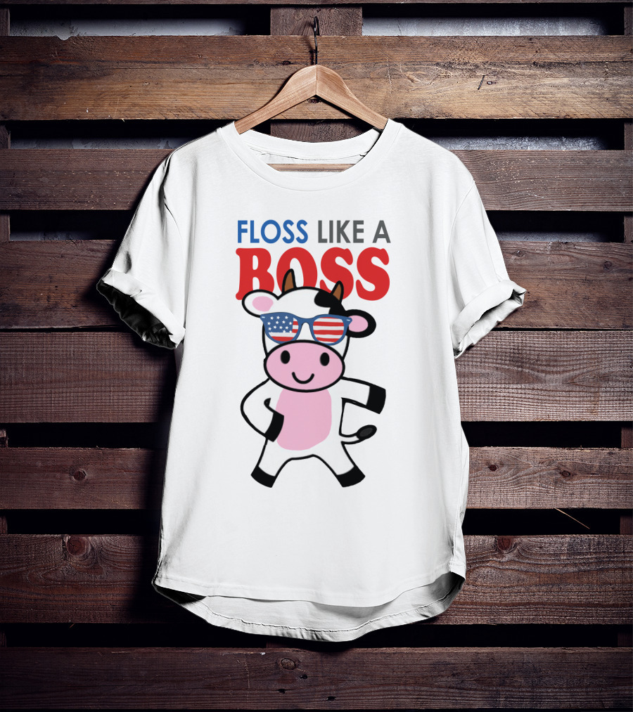 Floss Like A Boss Cow With American Flag Sunglasses T-Shirt