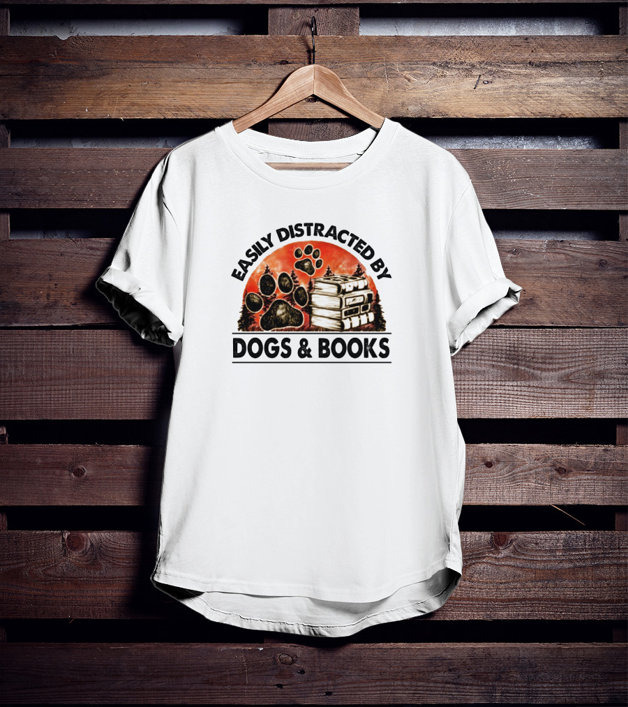 Easily Distracted By Dogs And Books Paw Print Stack T-Shirt