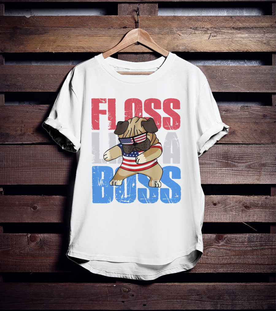 Floss Like A Boss American Flag Bulldog With Sunglasses T-Shirt