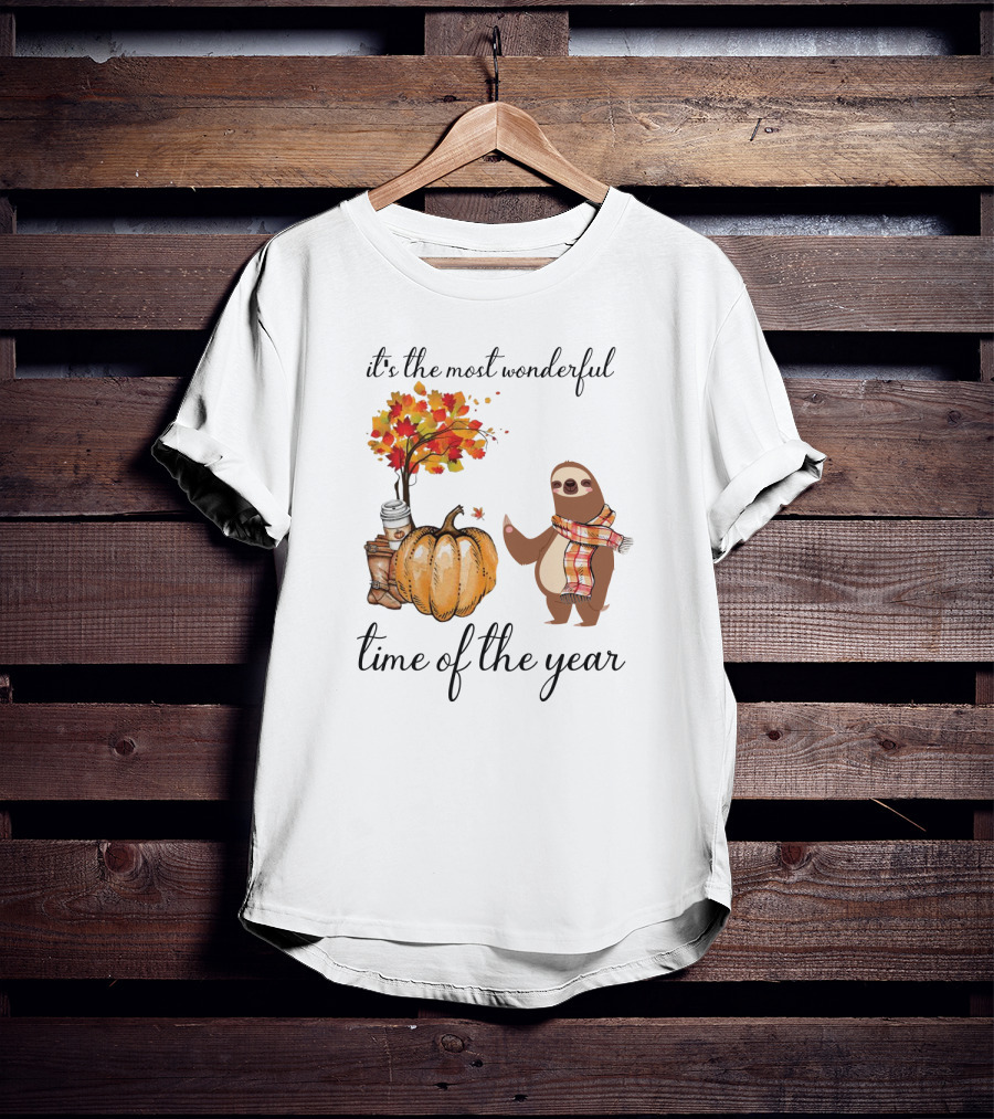 It's The Most Wonderful Time Of The Year Sloths Pumpkin Coffee Leaves Fall T-Shirt