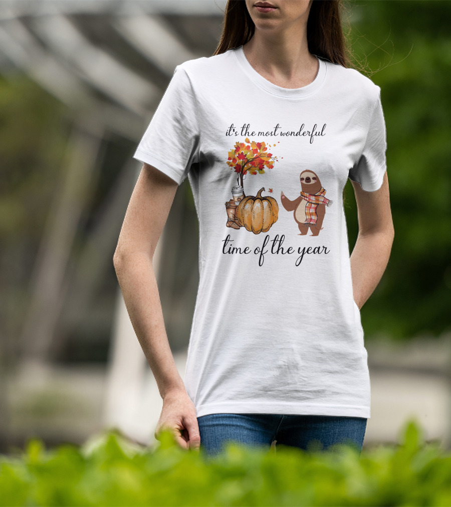 It's The Most Wonderful Time Of The Year Sloths Pumpkin Coffee Leaves Fall T-Shirt