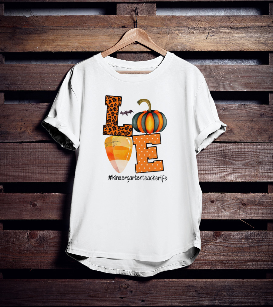 Love Kindergarten Teacher Life Halloween Pumpkin Candy Corn Leopard Print T-Shirt