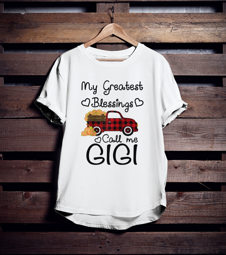My Greatest Blessings Call Me Gigi Red Plaid Truck With Pumpkins T-Shirt