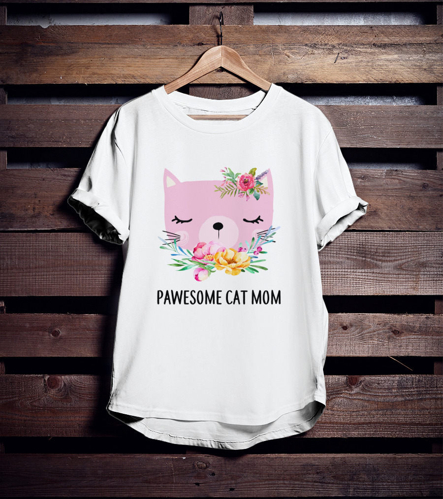 Pawesome Cat Mom Floral Pink Face T-Shirt