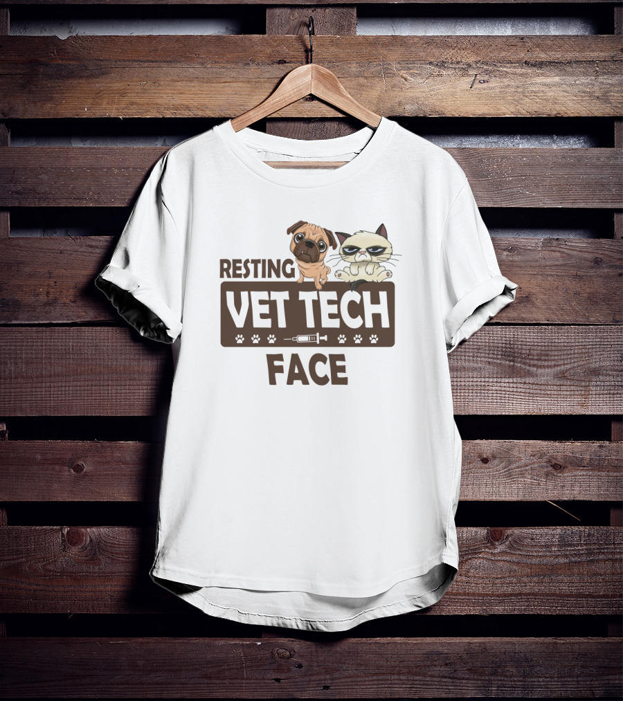 Resting Vet Tech Face Pug Cat Paw Syringe T-Shirt