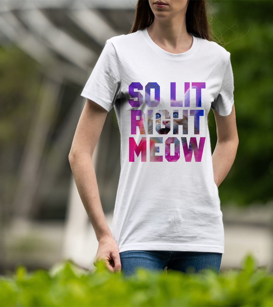 SO LIT RIGHT MEOW Cat Typography T-Shirt