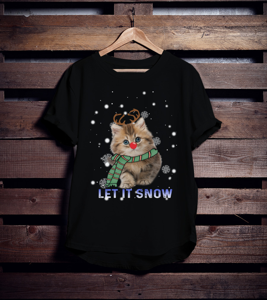 Cat Rudolph Reindeer Antlers Merry Christmas Let It Snow T-Shirt