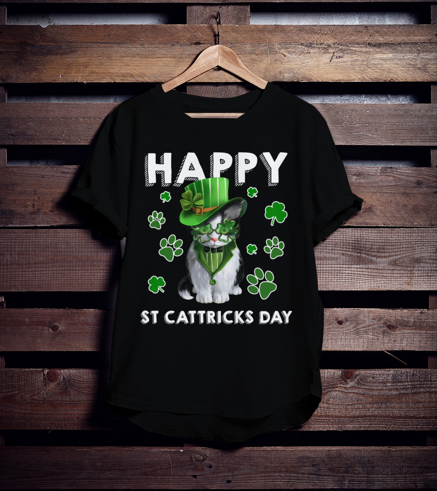 Happy St Cattrick's Day Funny Cats Shamrock T-Shirt
