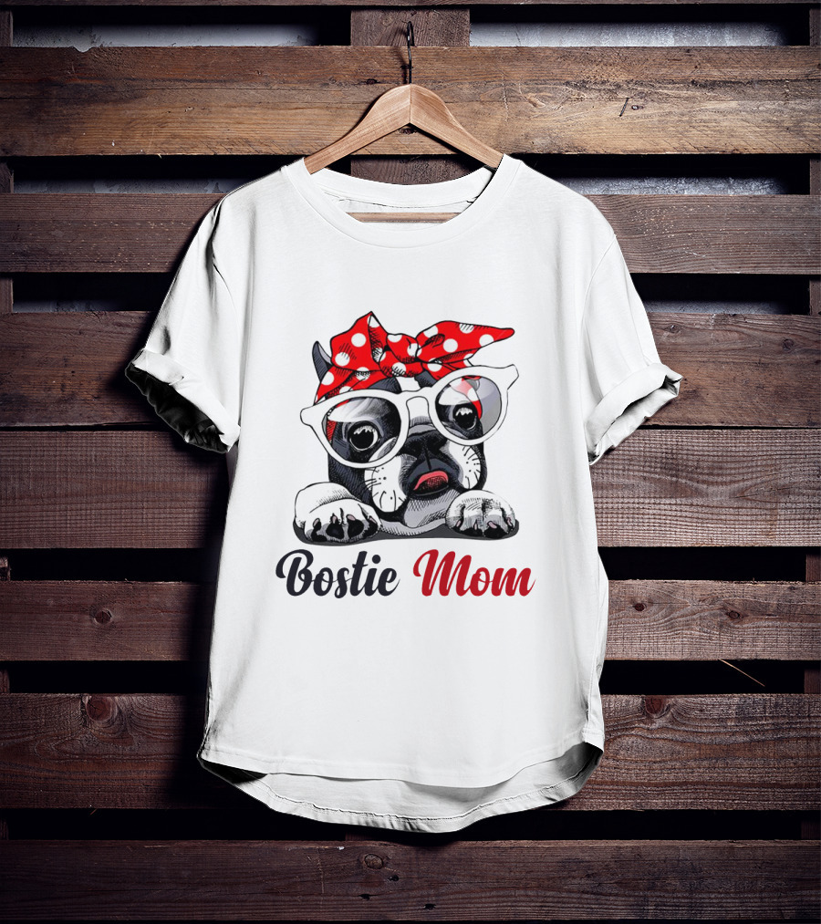 Bostie Mom Glasses And Red Polka Dot Headband Dog T-Shirt