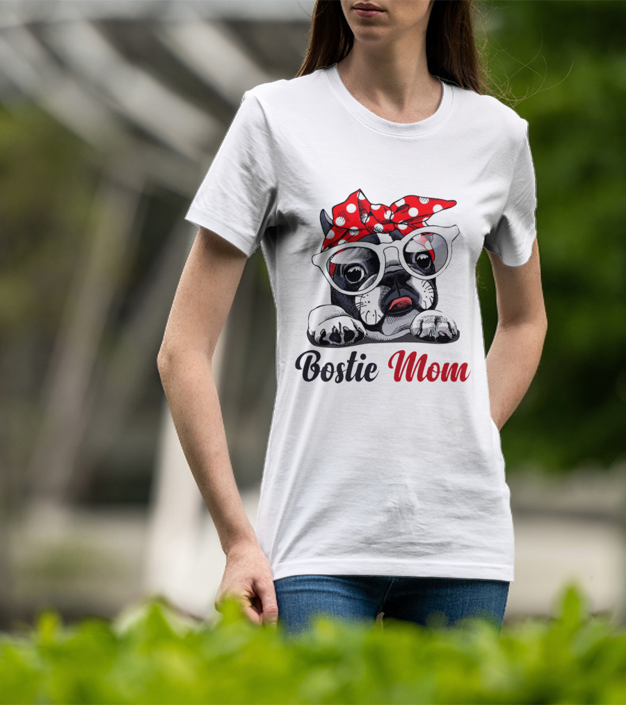 Bostie Mom Glasses And Red Polka Dot Headband Dog T-Shirt