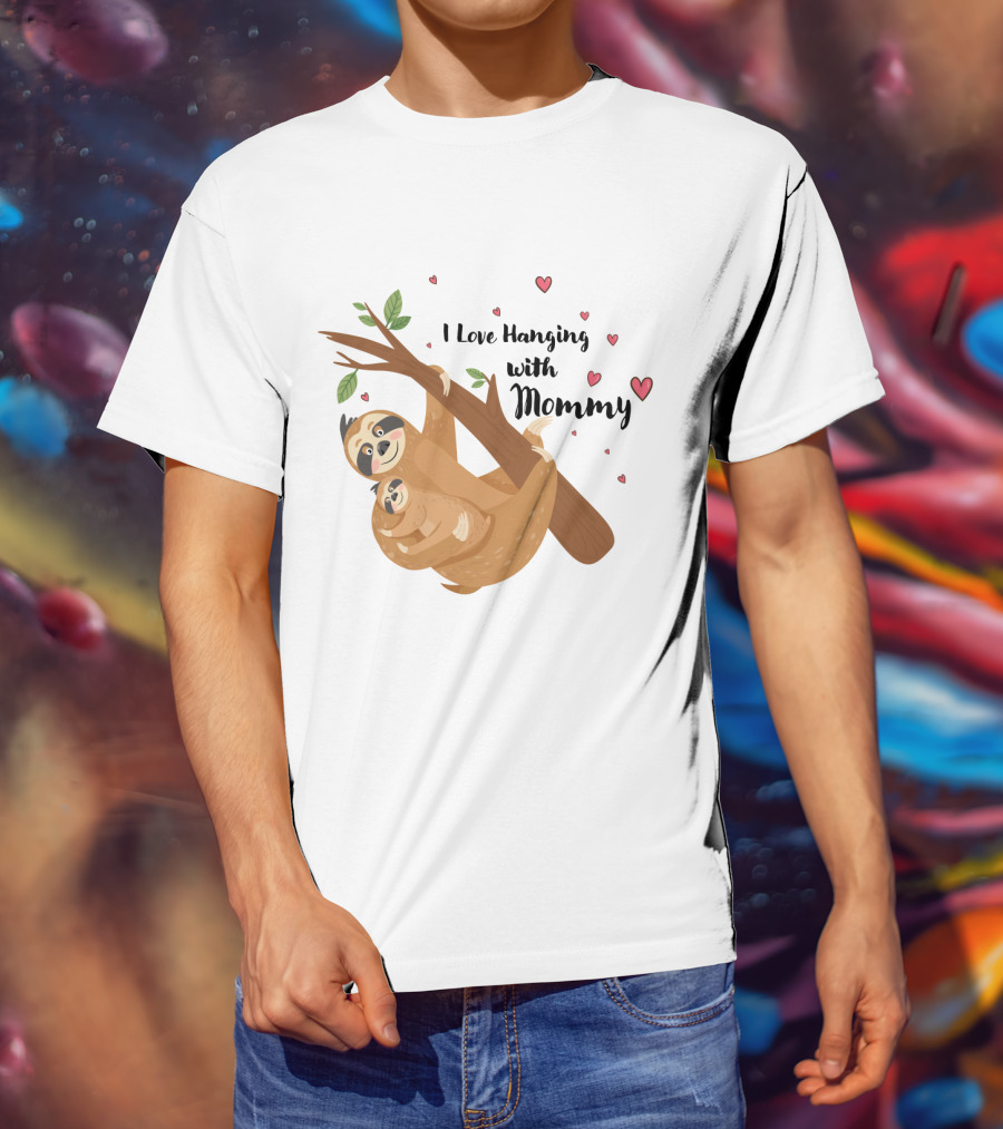 I Love Hanging With Mommy Funny Sloth With Hearts And Tree Branch T-Shirt