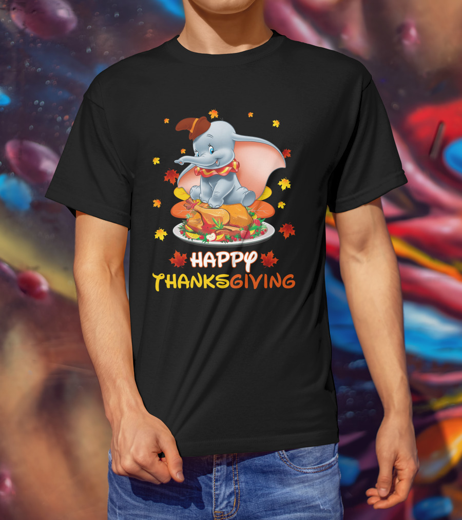 Happy Thanksgiving Dumbo Turkey Autumn Leaves T-Shirt