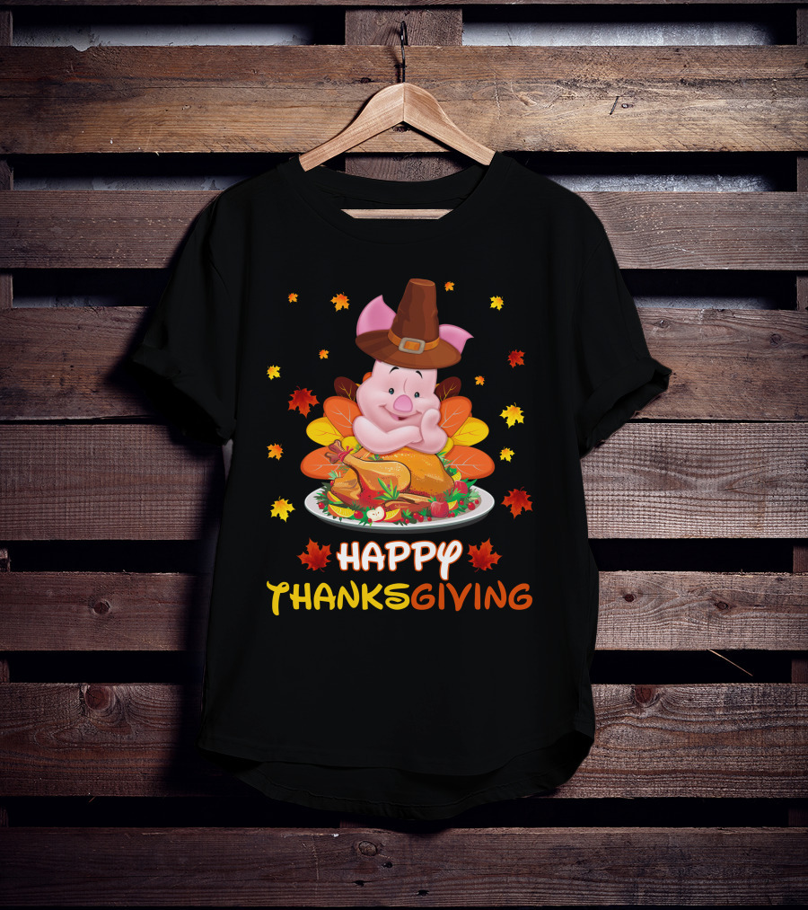 Happy Thanksgiving Piglet Feast With Autumn Leaves And Pilgrim Hat T-Shirt