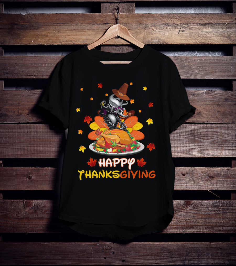Happy Thanksgiving Skeleton With Turkey And Autumn Leaves T-Shirt