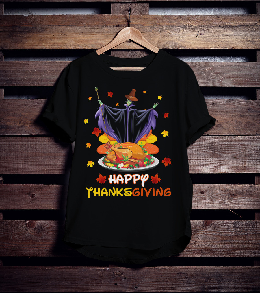 Happy Thanksgiving Maleficent Turkey Feast Magic Leaves T-Shirt