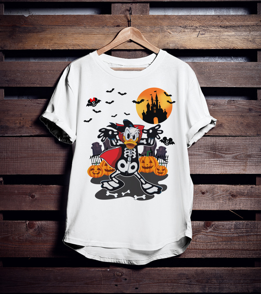 Donald Duck Halloween Skeleton Costume With Bats And Castle T-Shirt