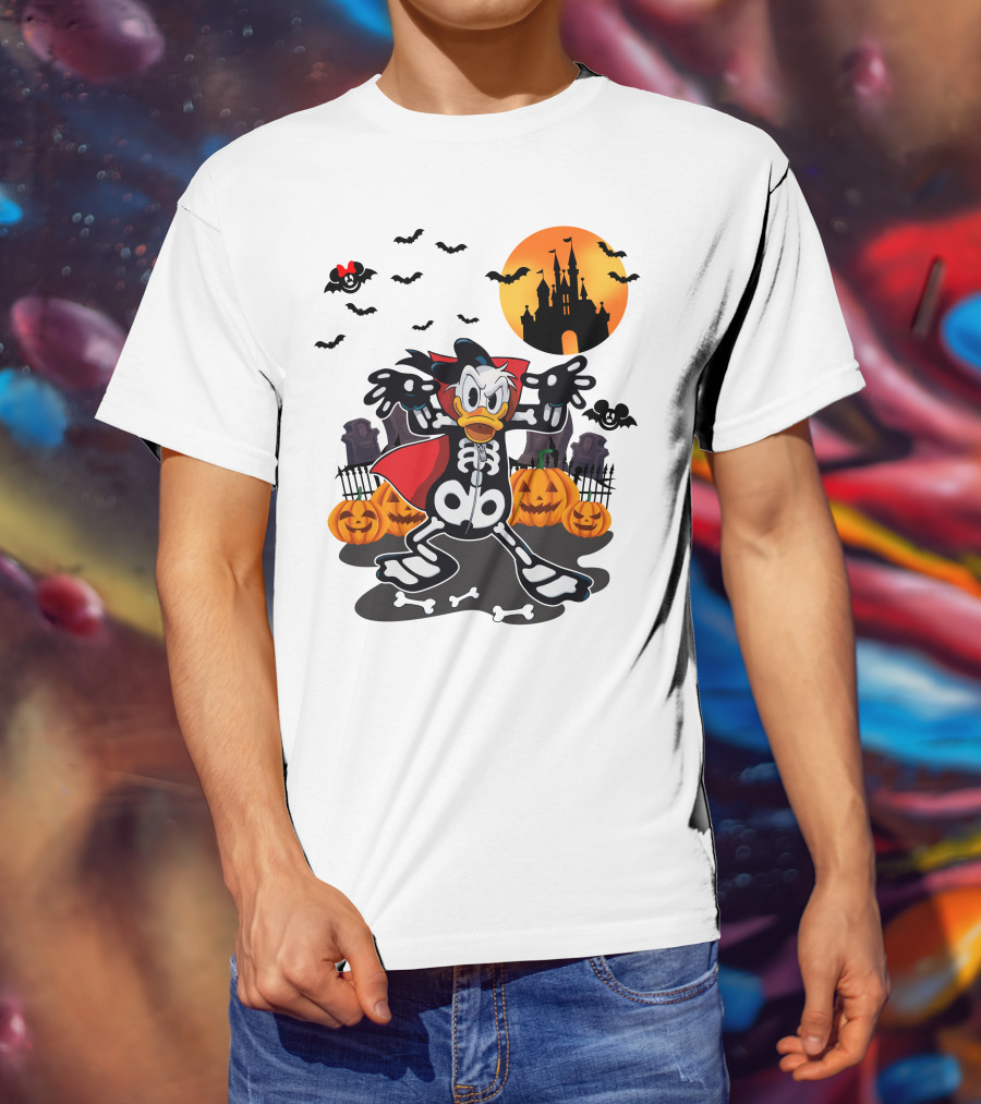 Donald Duck Halloween Skeleton Costume With Bats And Castle T-Shirt