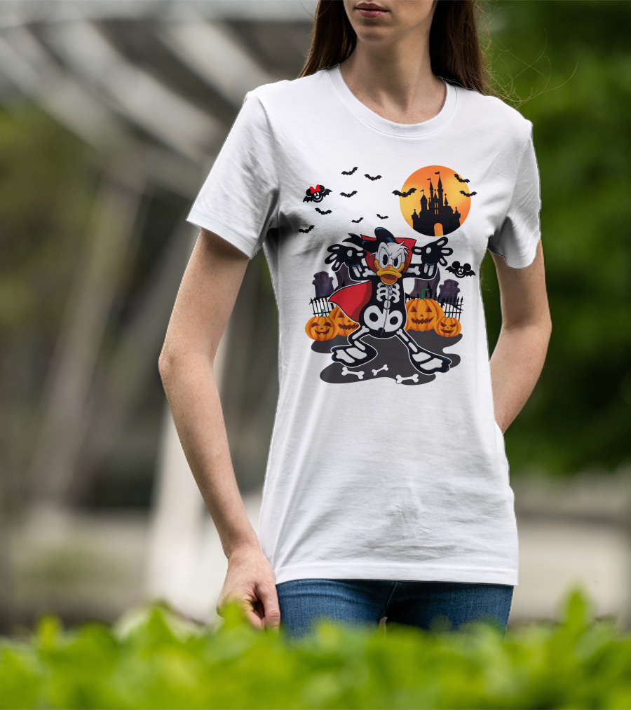 Donald Duck Halloween Skeleton Costume With Bats And Castle T-Shirt