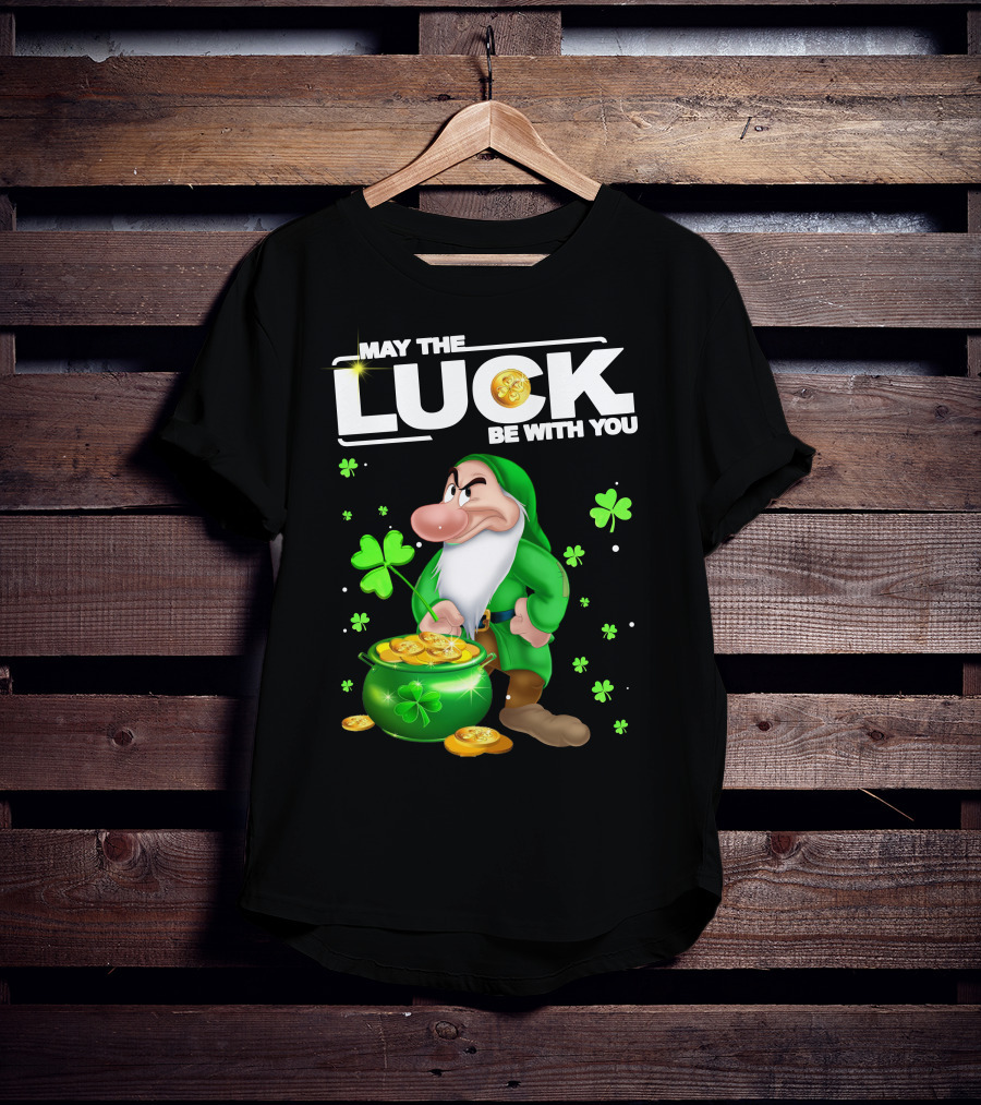MAY THE LUCK BE WITH YOU Grumpy Gnome With Coins And Clovers T-Shirt