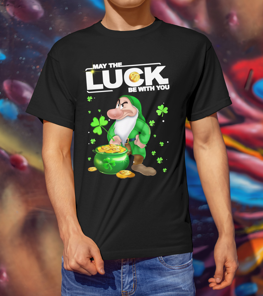 MAY THE LUCK BE WITH YOU Grumpy Gnome With Coins And Clovers T-Shirt