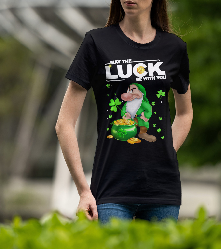MAY THE LUCK BE WITH YOU Grumpy Gnome With Coins And Clovers T-Shirt
