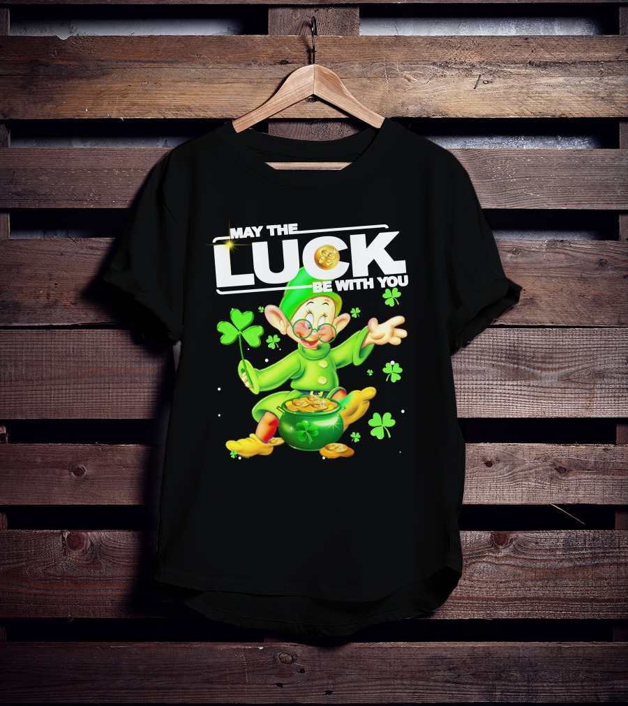 MAY THE LUCK BE WITH YOU Green Leprechaun With Gold Coins And Shamrocks T-Shirt