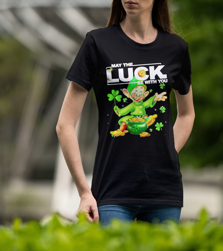 MAY THE LUCK BE WITH YOU Green Leprechaun With Gold Coins And Shamrocks T-Shirt