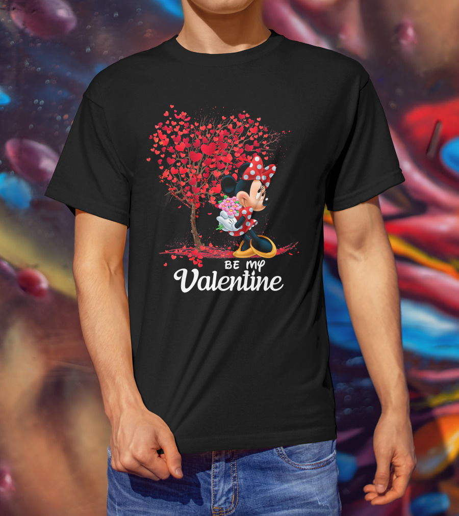 Be My Valentine Minnie With Heart Tree And Flowers T-Shirt