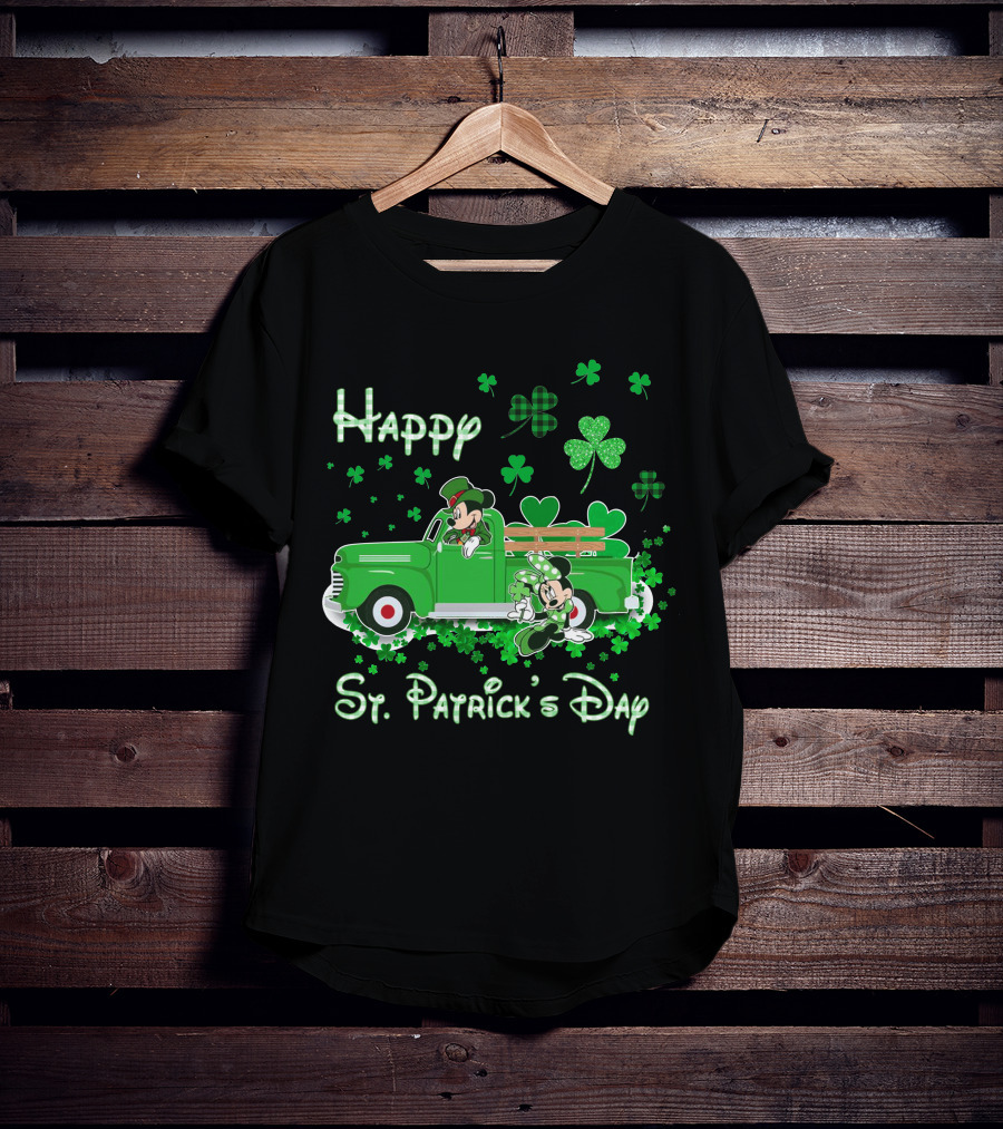 Happy St. Patrick's Day Mickey Mouse Green Truck Shamrocks T-Shirt