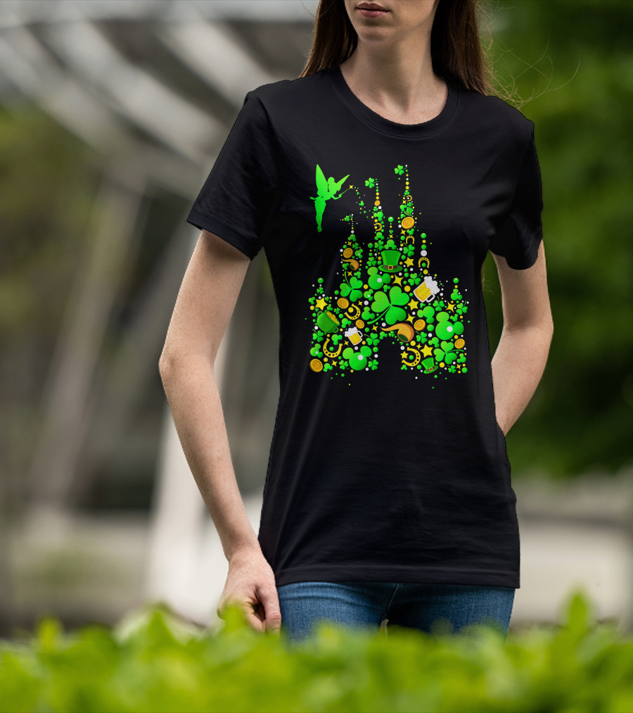 Disney Castle St. Patrick's Day Tinkerbell Leprechaun Hat Clover Coins Beer T-Shirt