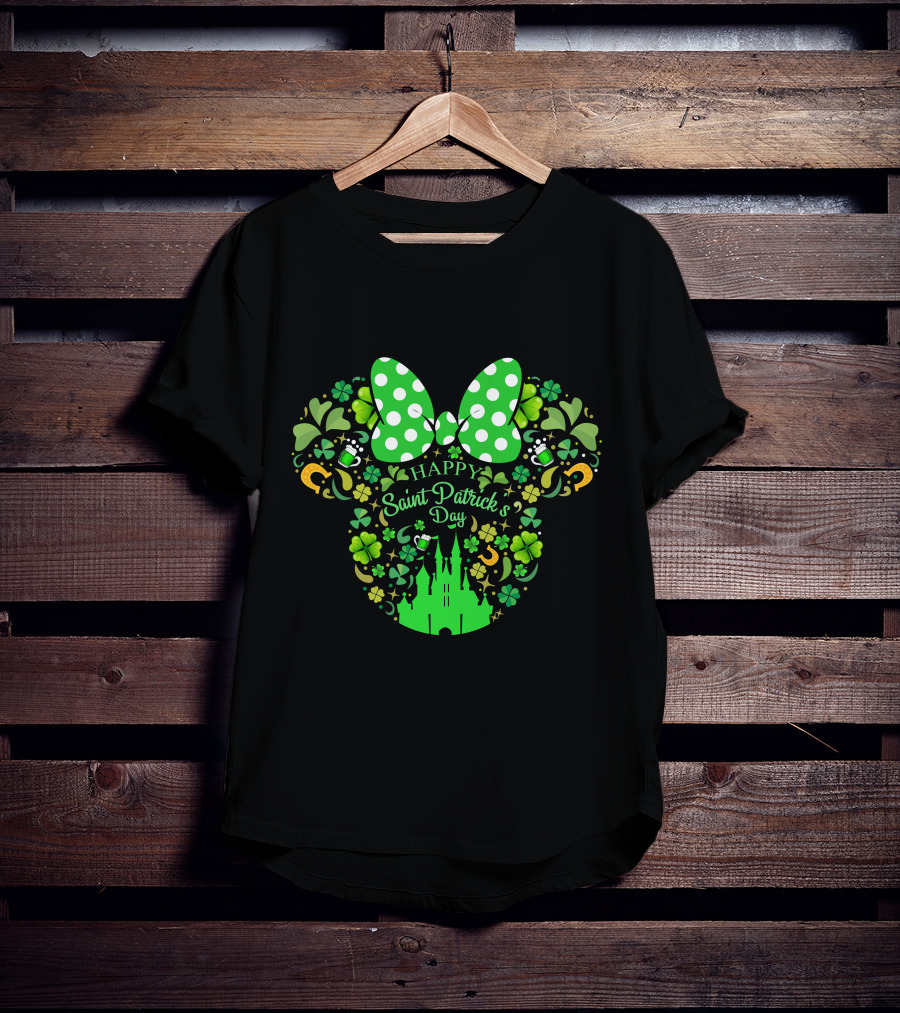 Minnie Mouse Happy Saint Patrick's Day With Shamrocks And Castle T-Shirt