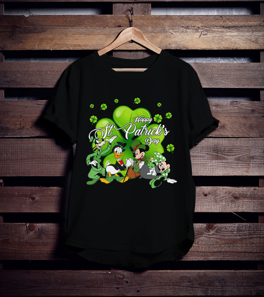 Happy St. Patrick's Day Mickey Mouse Donald Duck Goofy Minnie Mouse With Shamrocks T-Shirt