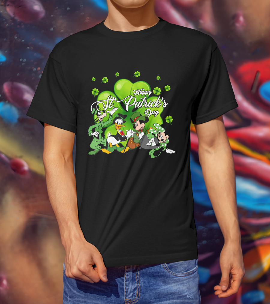 Happy St. Patrick's Day Mickey Mouse Donald Duck Goofy Minnie Mouse With Shamrocks T-Shirt