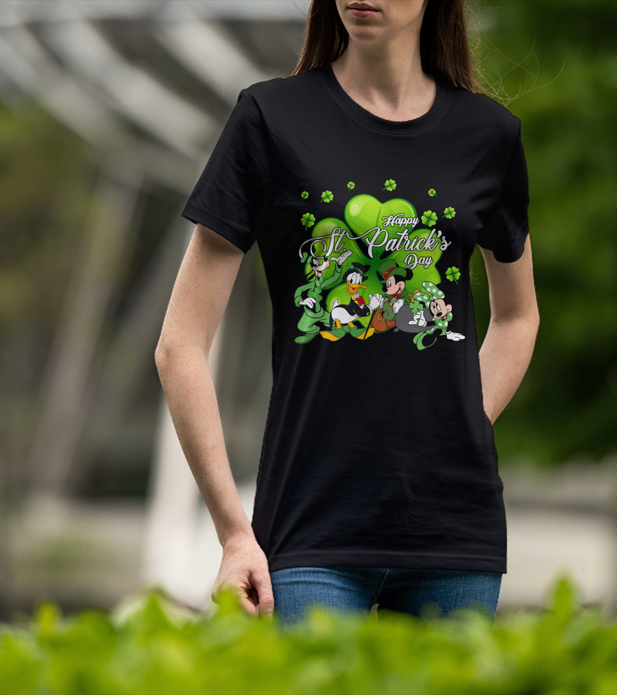 Happy St. Patrick's Day Mickey Mouse Donald Duck Goofy Minnie Mouse With Shamrocks T-Shirt