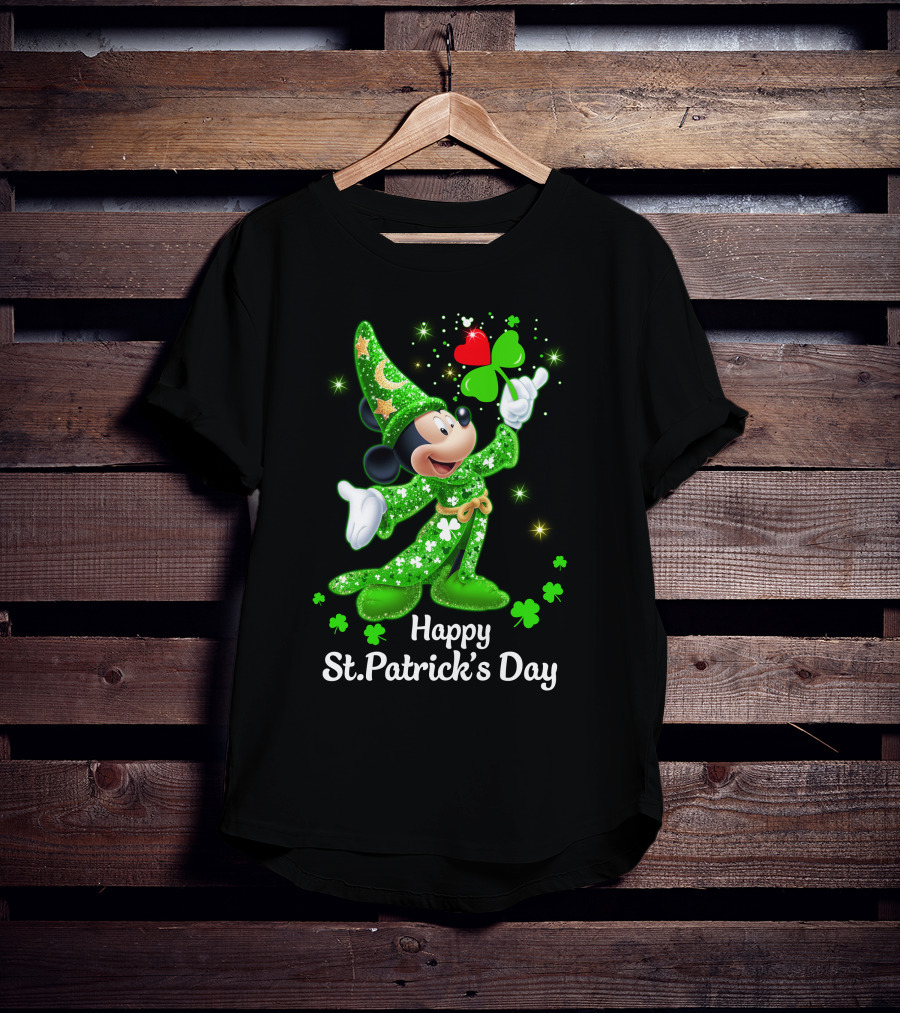 Happy St. Patrick's Day Mickey In Green Wizard Cloak With Clover Magic T-Shirt