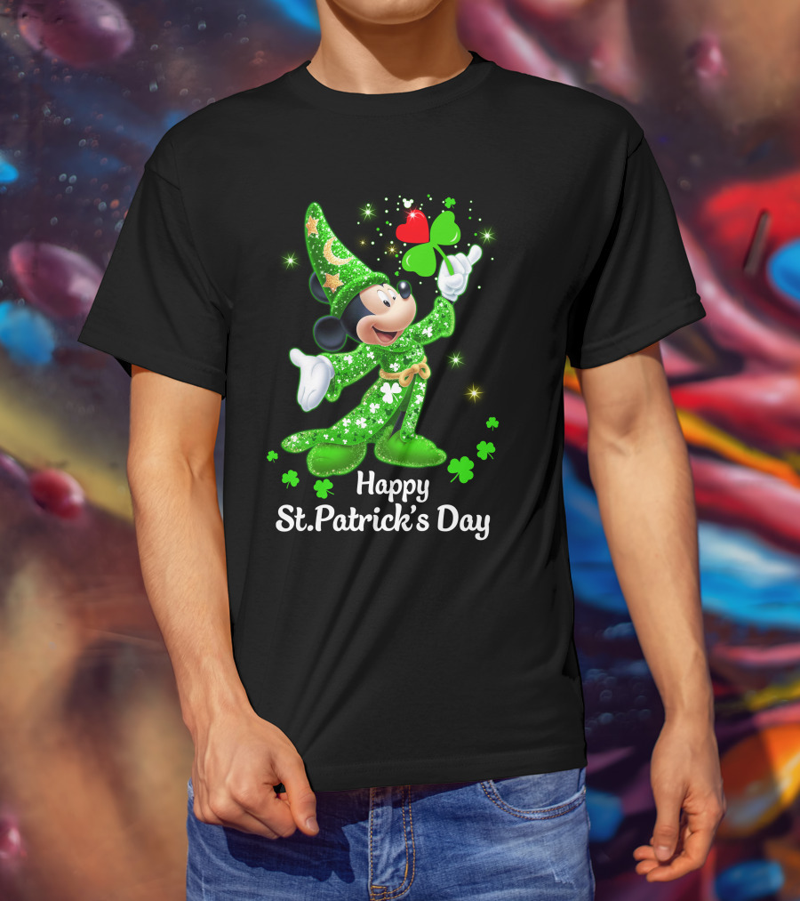 Happy St. Patrick's Day Mickey In Green Wizard Cloak With Clover Magic T-Shirt